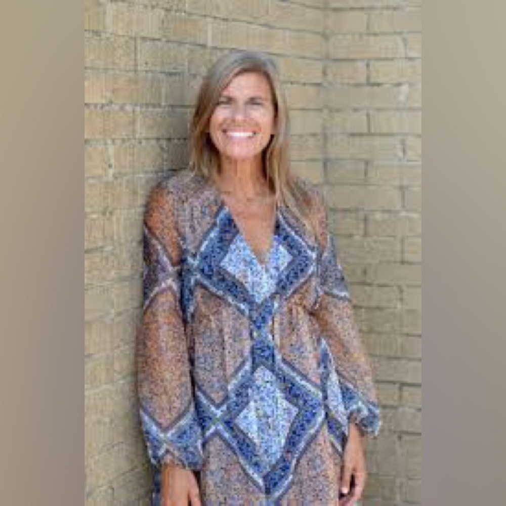 Just Taylor Brown and Blue  Geometric Boho Long Balloon Sleeve Hi-low Dress